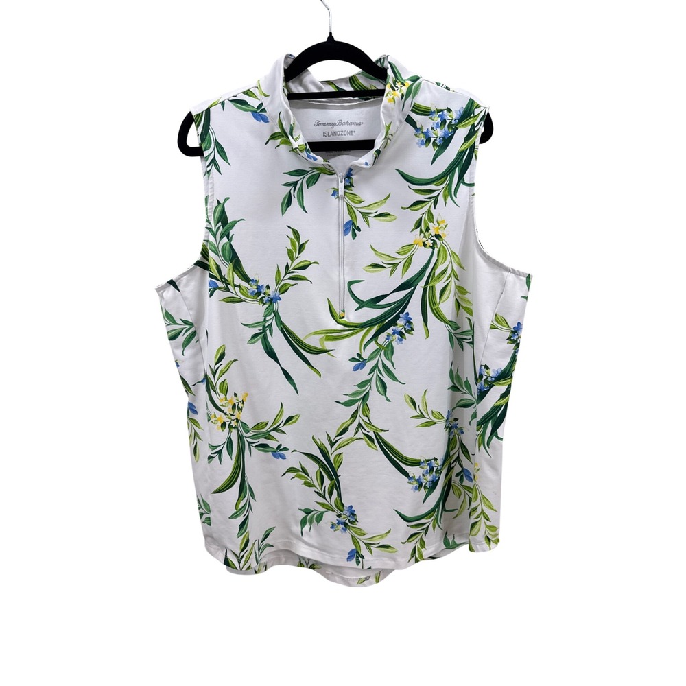 Tommy Bahama IslandZone Womens XL Floral Quarter Zip Sleeveless Golf Top White